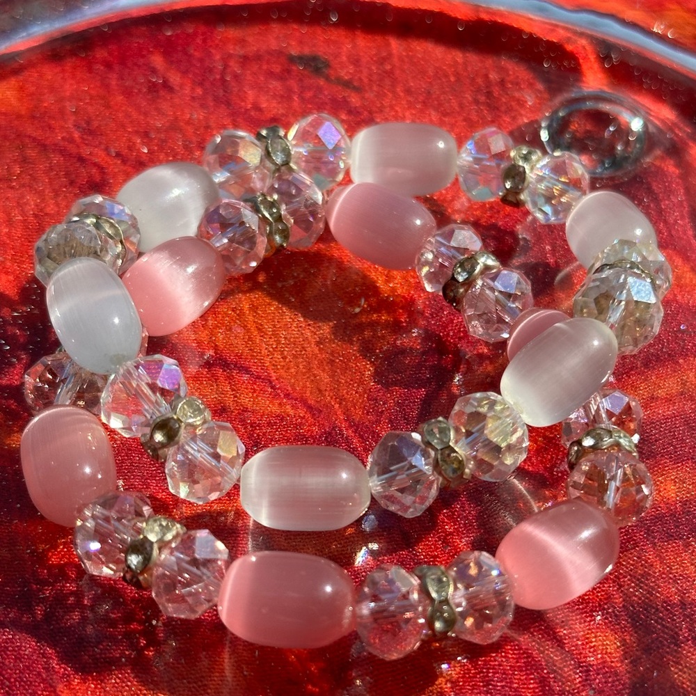 Handmade pink/white natural gemstone crystal beaded stretch bracelet set of 2